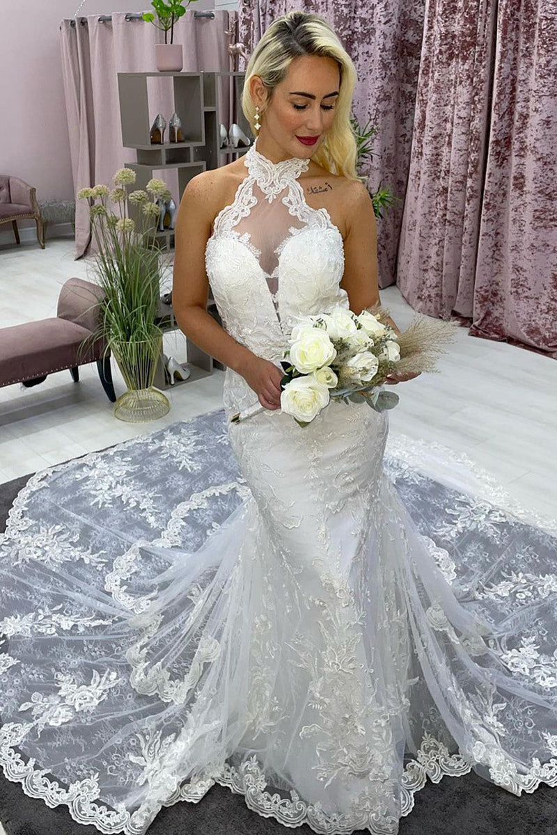 Load image into Gallery viewer, Ivory Halter Long Train Mermaid Wedding Dress with Appliques