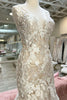 Load image into Gallery viewer, Champagne V-Neck Asymmetrical Mermaid Wedding Dress with Appliques
