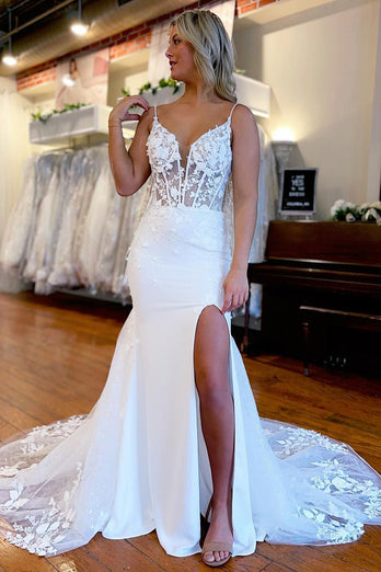 Ivory Spaghetti Straps High Slit Mermaid Wedding Dress with Appliques