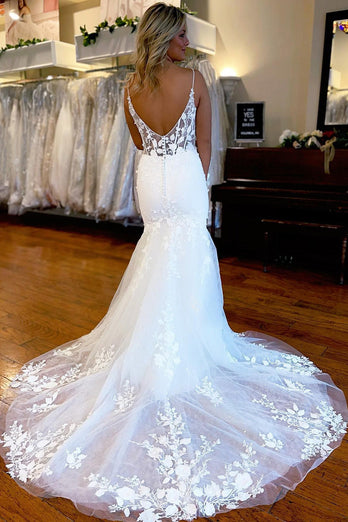 Ivory Spaghetti Straps High Slit Mermaid Wedding Dress with Appliques