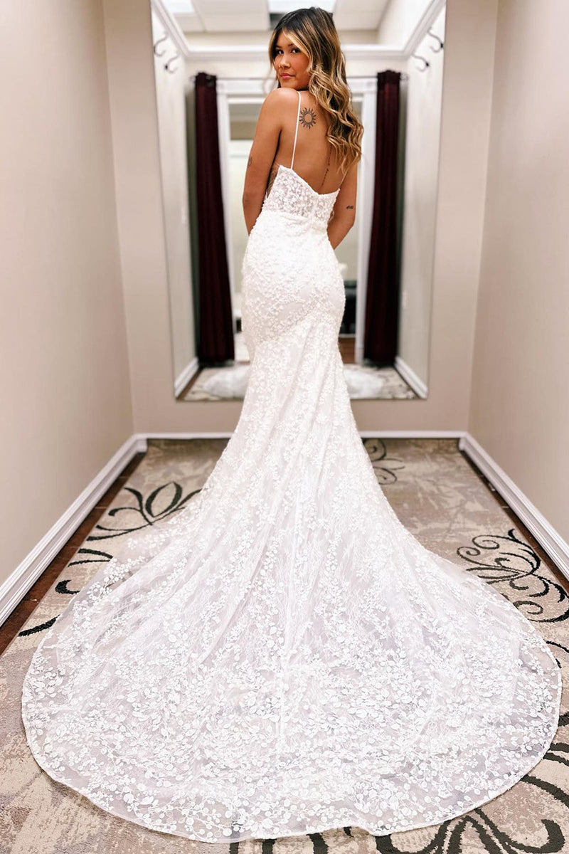 Load image into Gallery viewer, Ivory Spaghetti Straps Long Train Lace Mermaid Wedding Dress