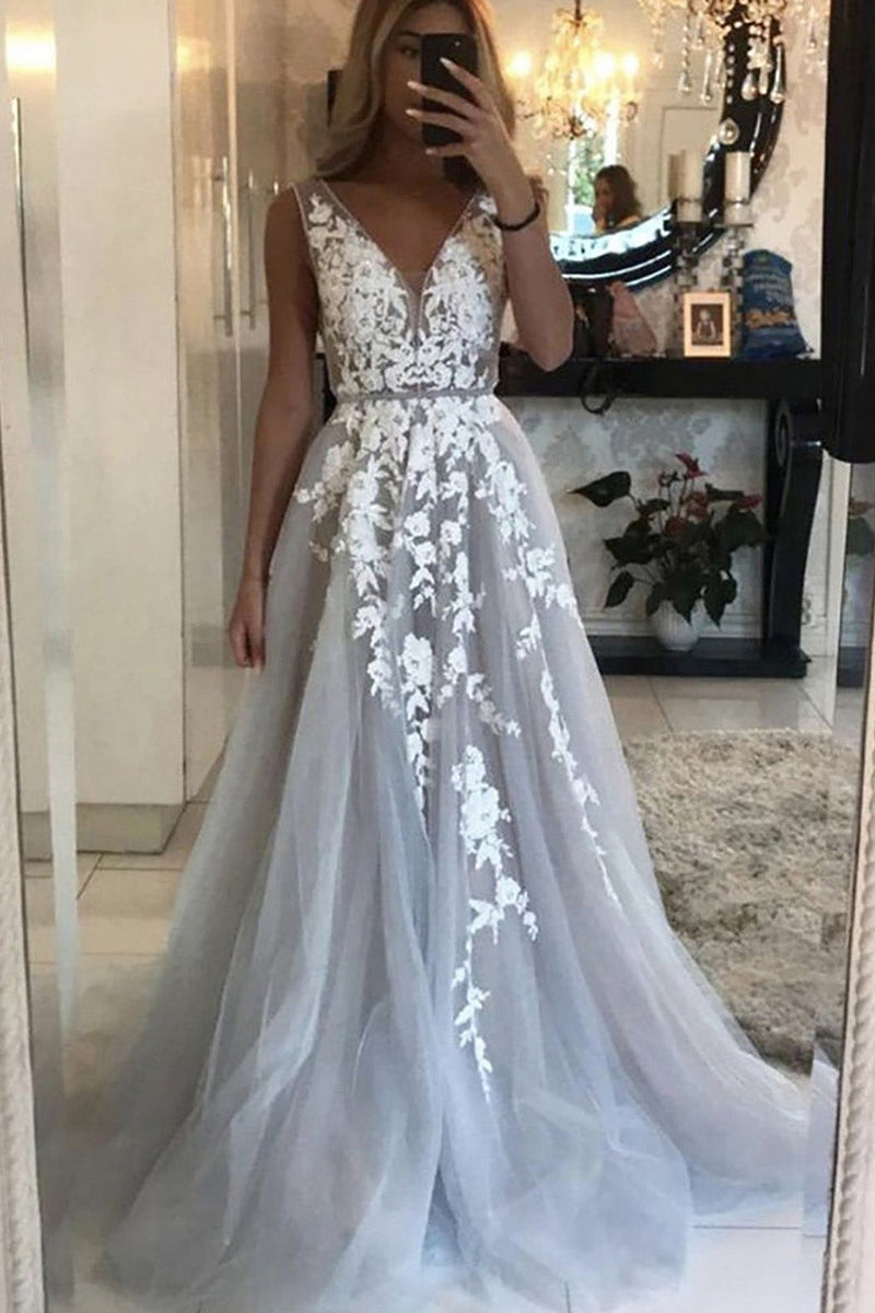 Load image into Gallery viewer, Grey Tulle A-Line V-Neck Wedding Dress with Appliques