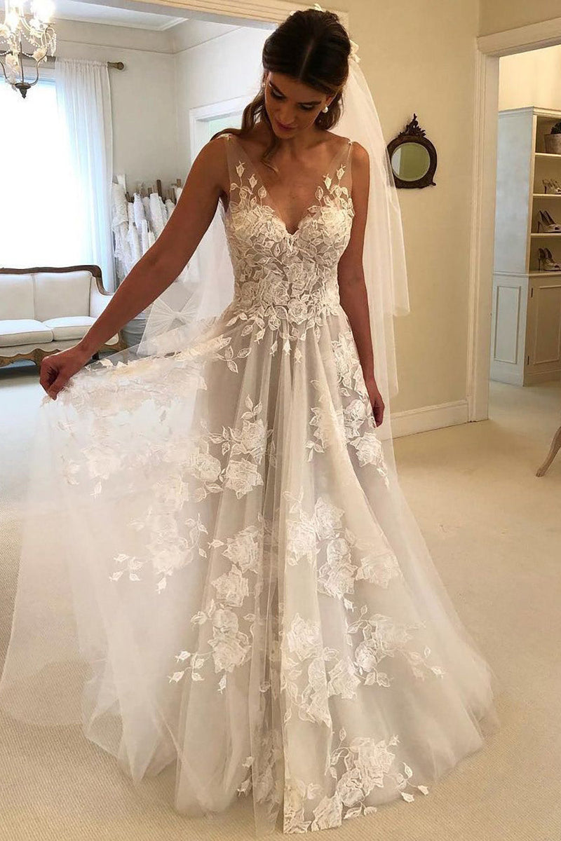 Load image into Gallery viewer, Ivory Tulle A-Line V-Neck Wedding Dress with Appliques