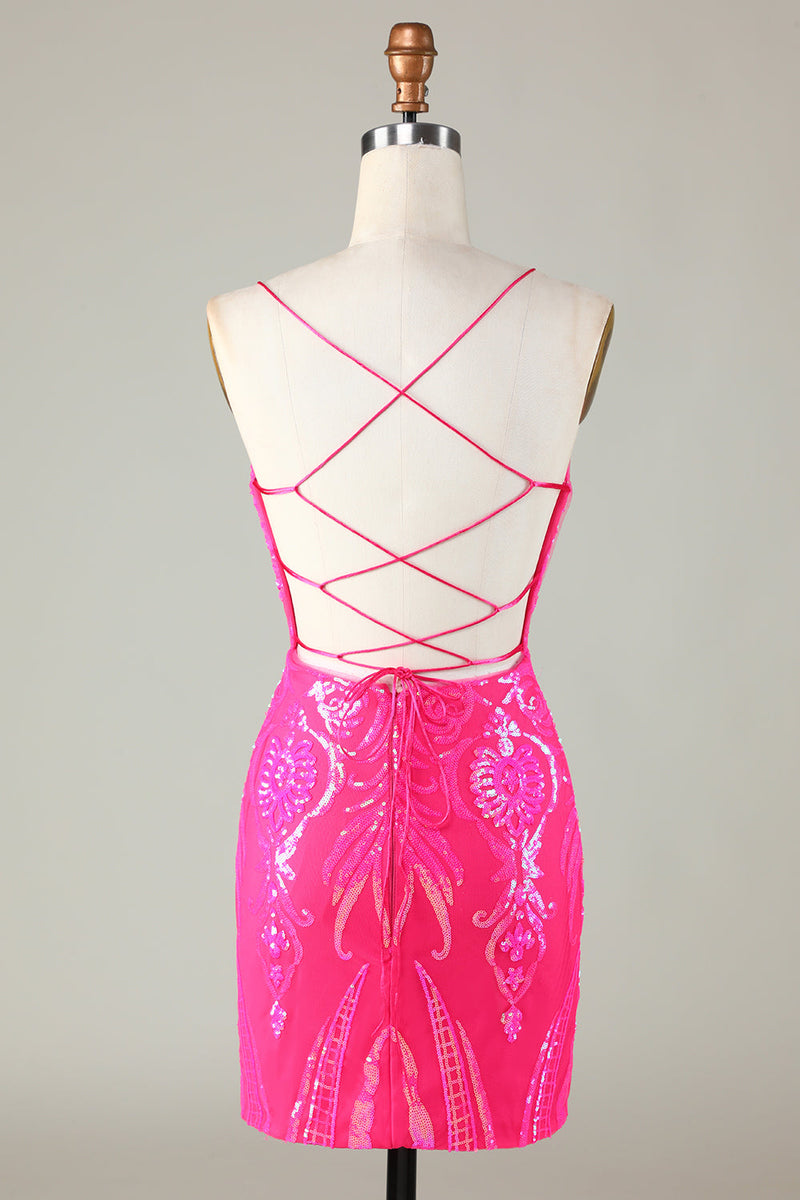 Load image into Gallery viewer, Sparkly Pink Spaghetti Straps Backless Tight Sequins Short Party Dress