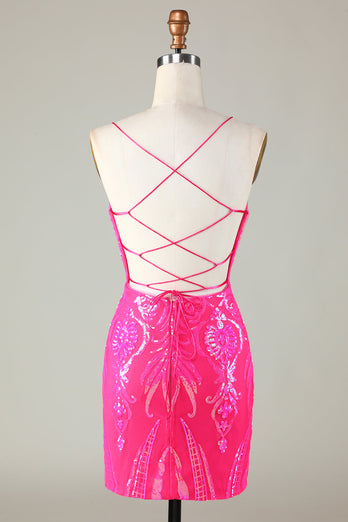 Glitter Pink Spaghetti Straps Lace-Up Back Tight Sequins Short Party Dress