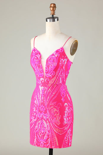 Sparkly Pink Spaghetti Straps Backless Tight Sequins Short Party Dress