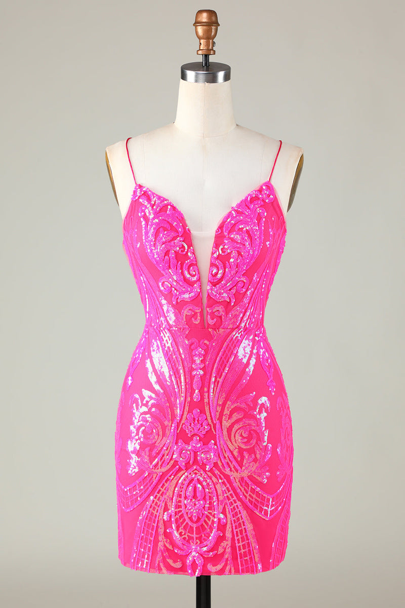 Load image into Gallery viewer, Sparkly Pink Spaghetti Straps Backless Tight Sequins Short Party Dress