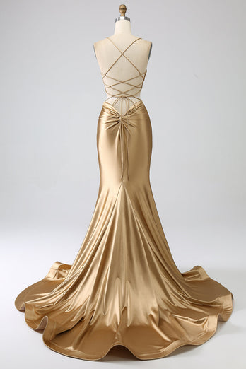 Golden Mermaid Spaghetti Straps Satin Long Prom Dress with Lace-up Back