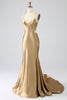 Load image into Gallery viewer, Golden Mermaid Spaghetti Straps Satin Long Prom Dress with Lace-up Back