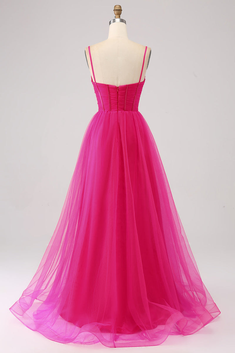 Load image into Gallery viewer, Fuchsia A-Line Spaghetti Straps Long Corset Prom Dress with Slit