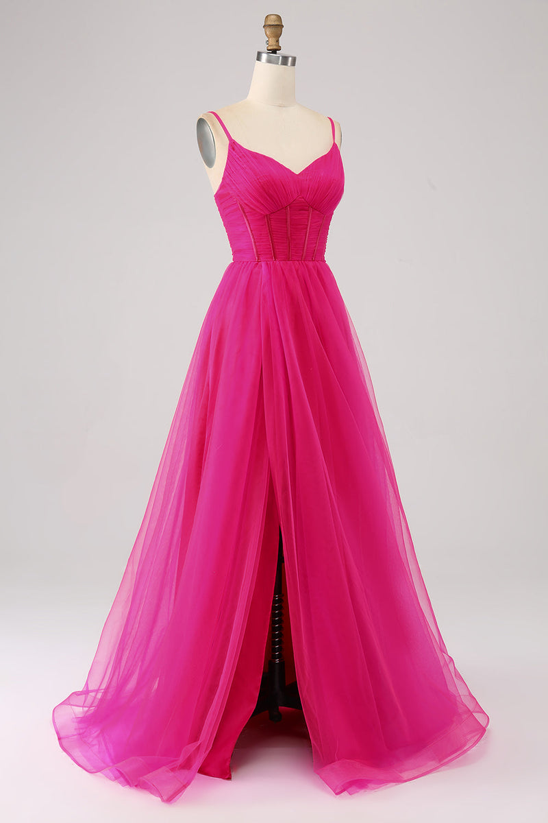 Load image into Gallery viewer, Fuchsia A-Line Spaghetti Straps Long Corset Prom Dress with Slit