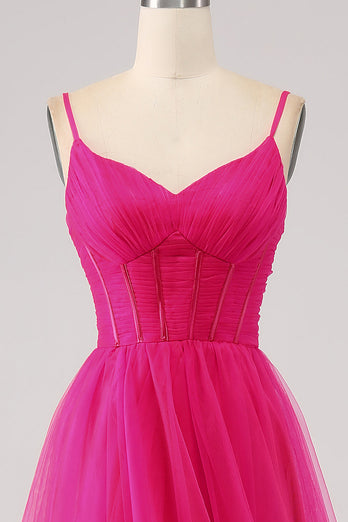 Fuchsia A-Line Spaghetti Straps Long Corset Prom Dress with Slit