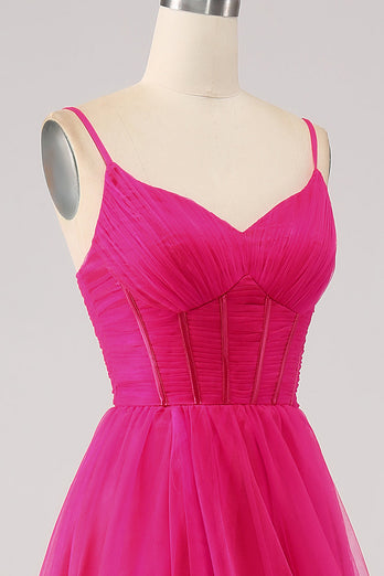 Fuchsia A-Line Spaghetti Straps Long Corset Prom Dress with Slit