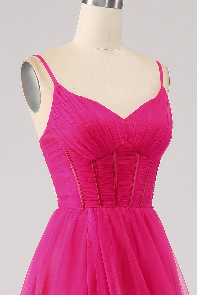 Load image into Gallery viewer, Fuchsia A-Line Spaghetti Straps Long Corset Prom Dress with Slit