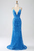 Load image into Gallery viewer, Blue Mermaid Spaghetti Straps Sequins Long Prom Dress