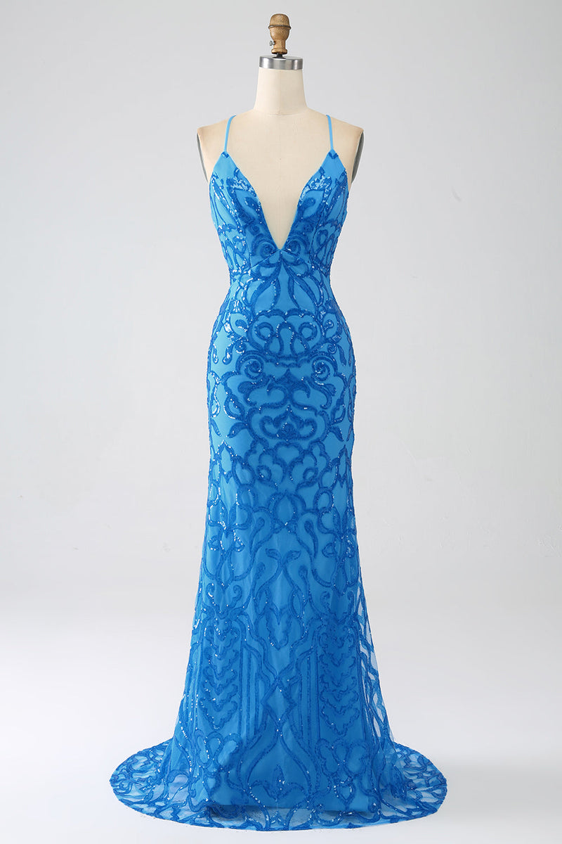 Load image into Gallery viewer, Blue Mermaid Spaghetti Straps Sequins Long Prom Dress