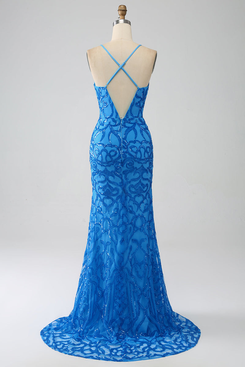 Load image into Gallery viewer, Blue Mermaid Spaghetti Straps Sequins Long Prom Dress