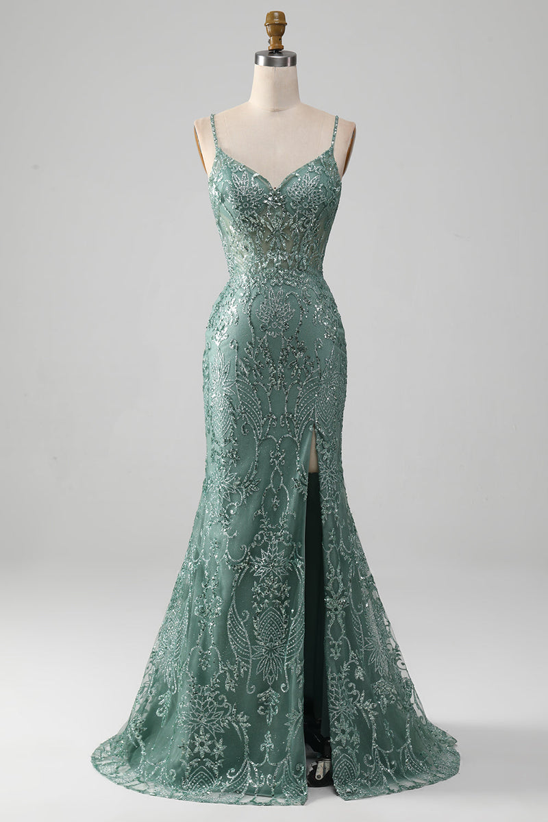 Load image into Gallery viewer, Spaghetti Staps Sparkly Grey Green Prom Dress with Beading