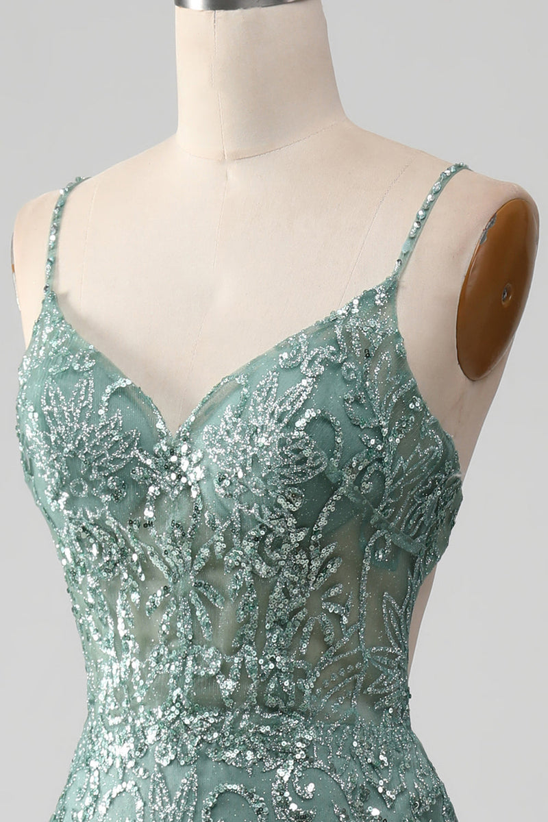 Load image into Gallery viewer, Spaghetti Staps Sparkly Grey Green Prom Dress with Beading