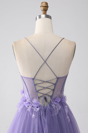 Purple A-Line Spaghetti Straps Corset Prom Dress with 3D Flowers