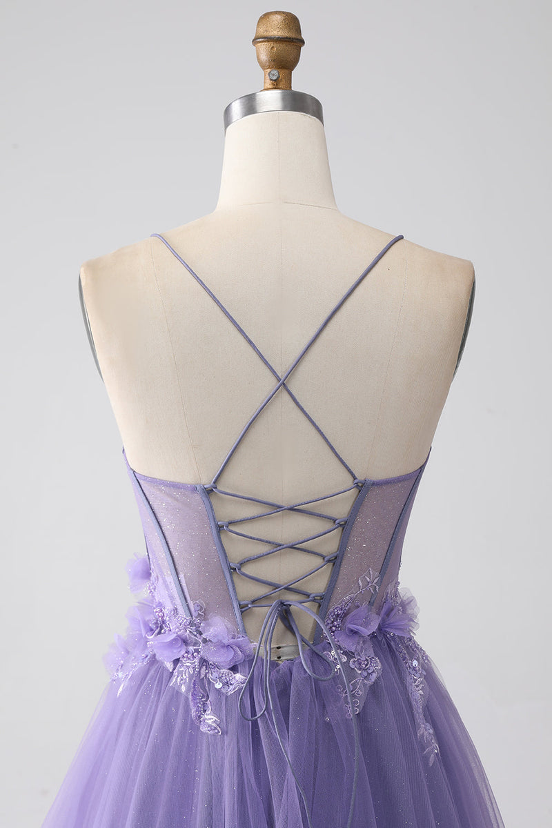 Load image into Gallery viewer, Purple A-Line Spaghetti Straps Corset Prom Dress with 3D Flowers