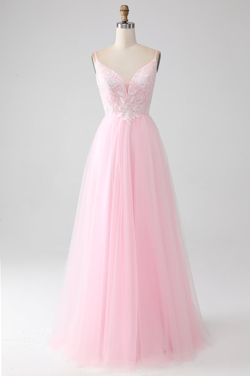 Load image into Gallery viewer, Light Pink A-Line Spaghetti Straps Prom Dress with Beading