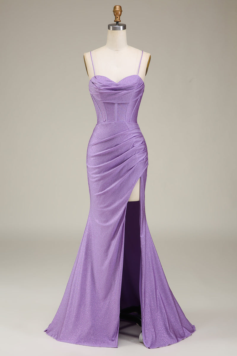 Load image into Gallery viewer, Satin Spaghetti Straps Lilac Purple Prom Dress with Corset