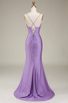 Satin Spaghetti Straps Lilac Purple Prom Dress with Corset