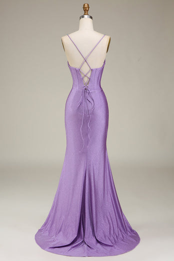 Satin Spaghetti Straps Lilac Purple Prom Dress with Corset