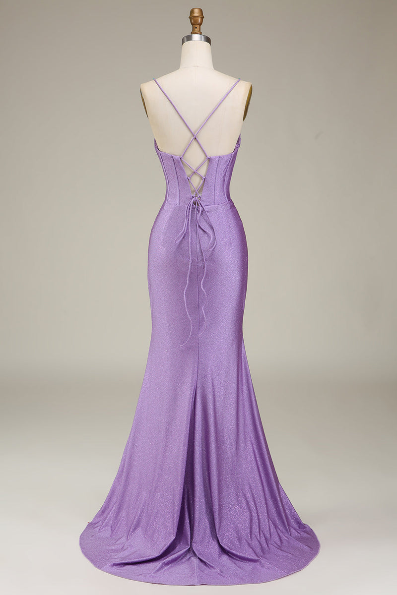 Load image into Gallery viewer, Satin Spaghetti Straps Lilac Purple Prom Dress with Corset