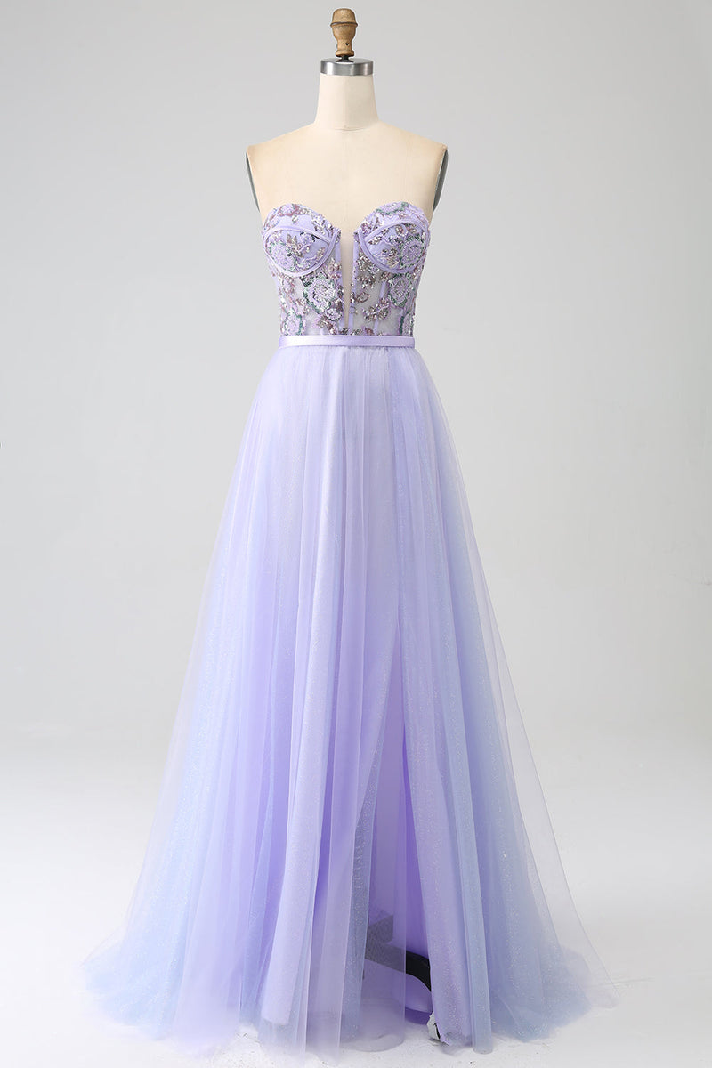 Load image into Gallery viewer, Lavender A Line Tulle Corset Prom Dress with Slit