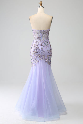 Mermaid Strapless Lavender Corset Prom Dress with Beading