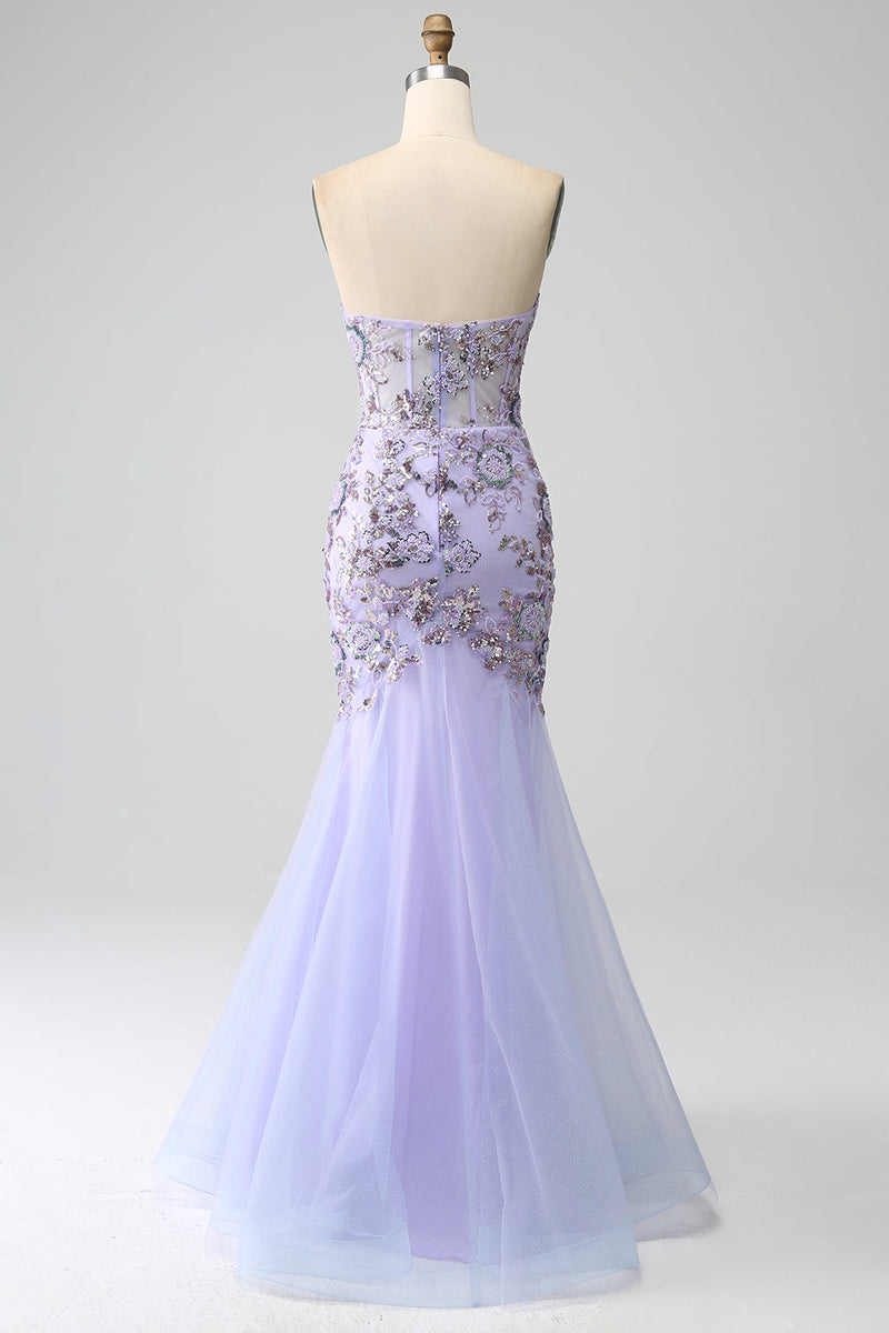 Load image into Gallery viewer, Mermaid Strapless Lavender Corset Prom Dress with Beading