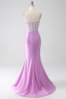 Lilac Mermaid Strapless Corset Prom Dress with Slit