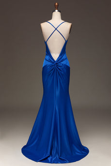 Simple Royal Blue Satin Mermaid Long Prom Dress