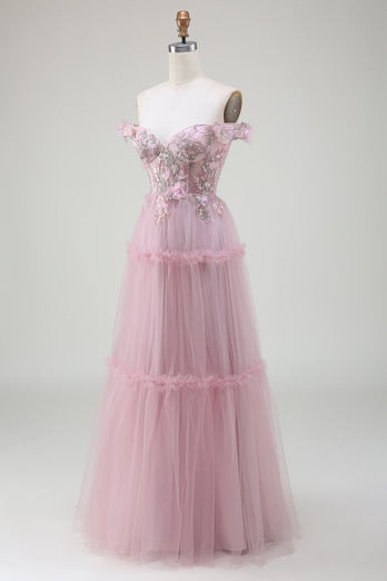 Off the Shoulder Tulle Pink Prom Dress with Appliques