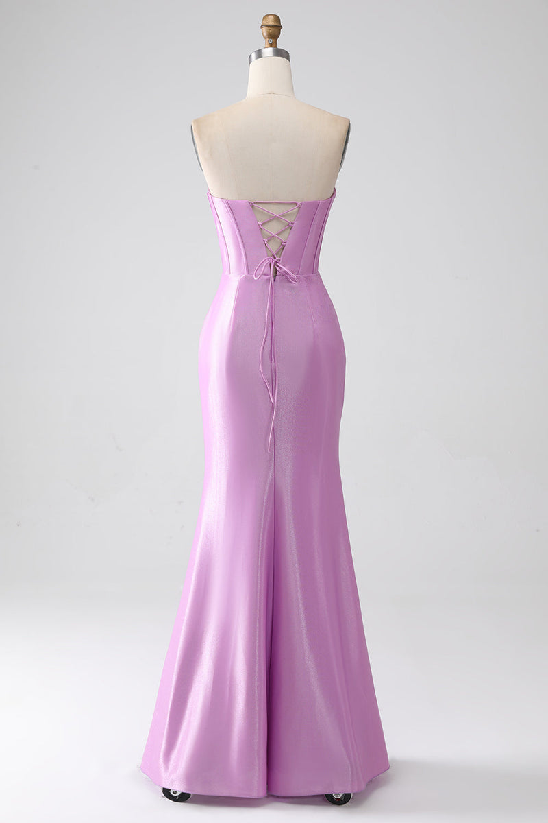 Load image into Gallery viewer, Strapless Purple Mermaid Corset Prom Dress with Pleated