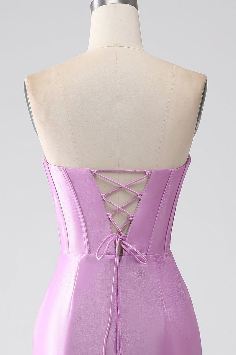 Load image into Gallery viewer, Strapless Purple Mermaid Corset Prom Dress with Pleated