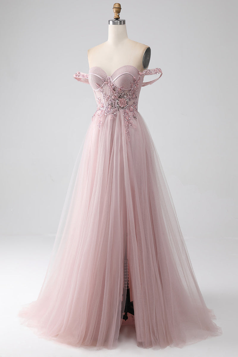 Load image into Gallery viewer, Off the Shoulder A Line Beaded Prom Dress with Slit