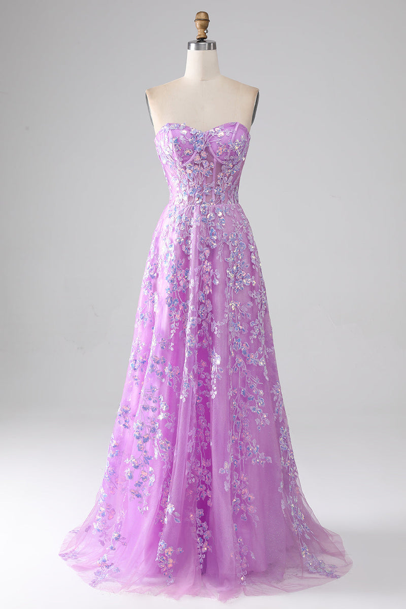 Load image into Gallery viewer, Purple A-Line Strapless Corset Prom Dress with Appliques