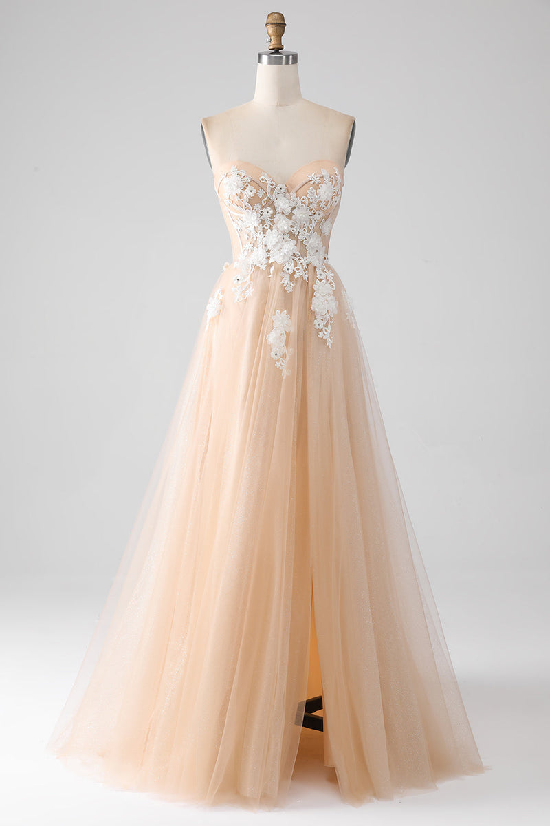 Load image into Gallery viewer, A-Line Champagne Strapless Corset Prom Dress with Appliques