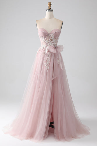 Sparkly A Line Strapless Tulle Prom Dress with Bow