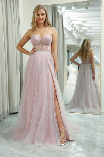 Light Pink A Line Sweetheart Long Corset Prom Dress With Slit