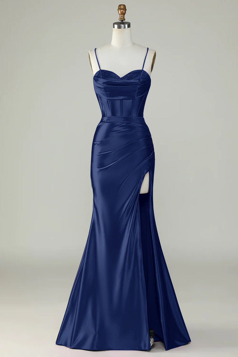 Load image into Gallery viewer, Royal Blue Mermaid Spaghetti Straps Long Prom Dress With Slit