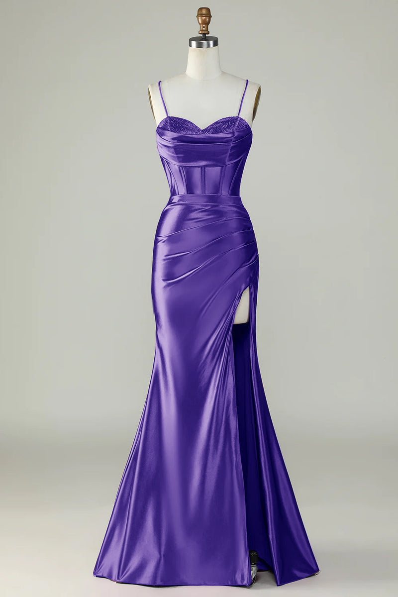 Load image into Gallery viewer, Royal Blue Mermaid Spaghetti Straps Long Prom Dress With Slit