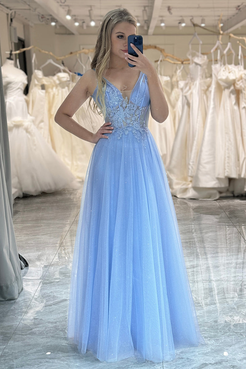 Load image into Gallery viewer, A Line Light Blue Tulle Long Corset Prom Dress