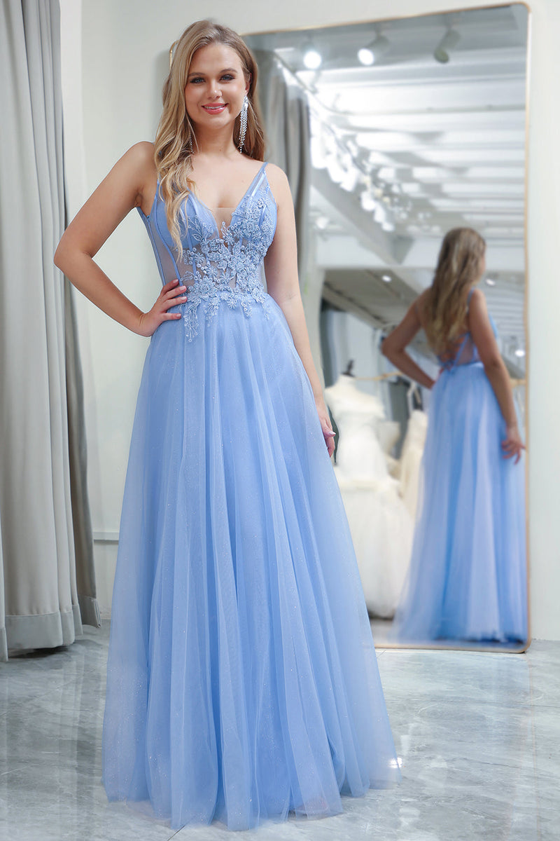 Load image into Gallery viewer, Light Blue A Line Long Corset Prom Dress