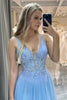 Load image into Gallery viewer, A Line Light Blue Tulle Long Corset Prom Dress