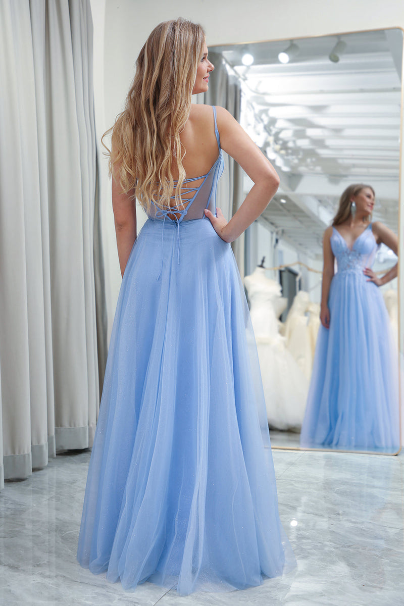 Load image into Gallery viewer, Light Blue A Line Long Corset Prom Dress