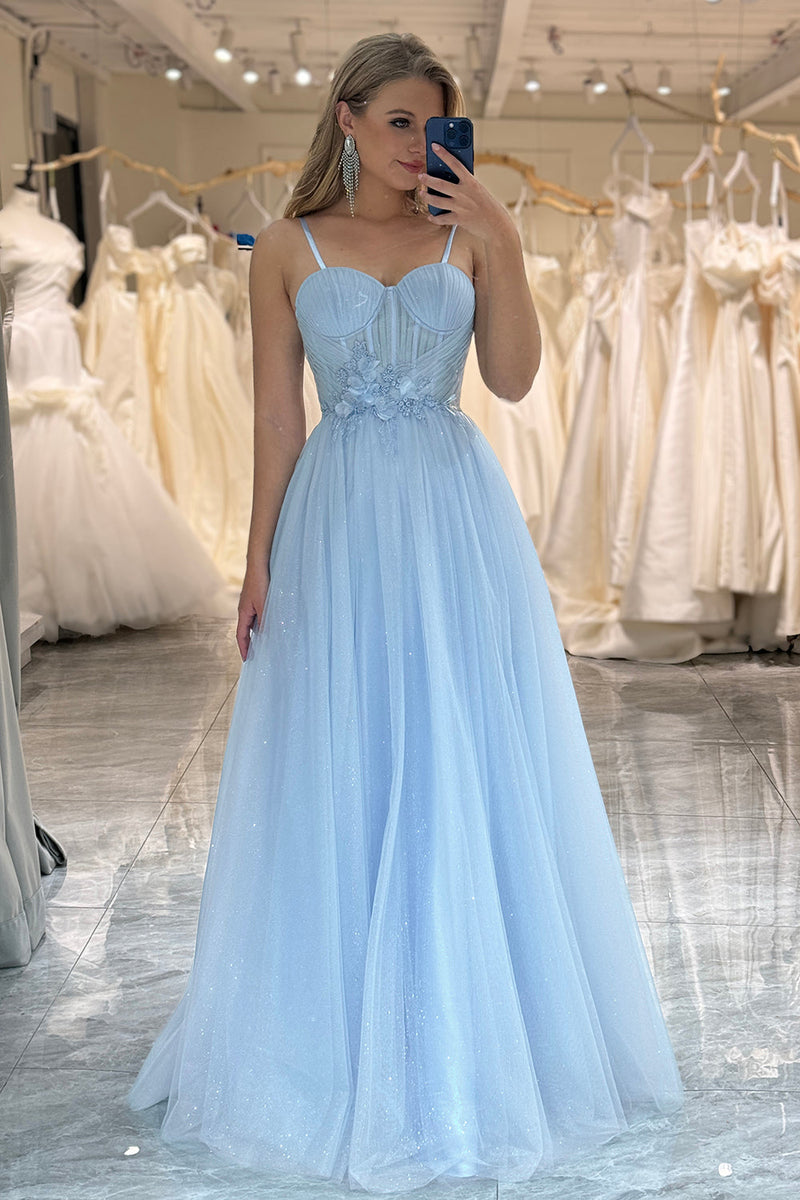 Load image into Gallery viewer, A Line Tulle Light Blue Long Corset Prom Dress